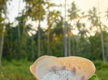 Sri lankan street food egg hopper in woman's hand. Close up. Local food. Outdoors. bittara appa.